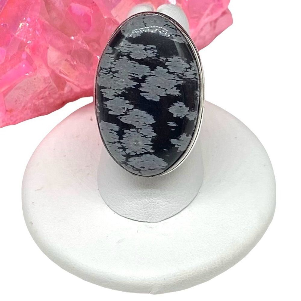 Snowflake Obsidian Ring Size 7 925 Sterling Silver Overlay Black Oval Chunky